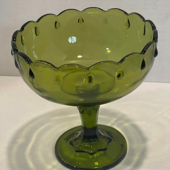 Indiana Glass "Teardrop Pattern" Scalloped Rim Frosted Green Footed Bowl Vintage - Picture 1 of 6